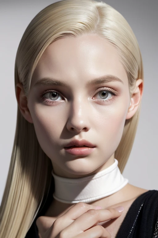 realisitic, ultra quality, highy detailed, ultra HD An 11 year old girl with thin and delicate eyes. medium hair/long straight, platinum white. eyes black. pale skin. White eyebrows and eyelashes, diamond face, Gallert Grindelwald-inspired traits of fantastic beasts.
