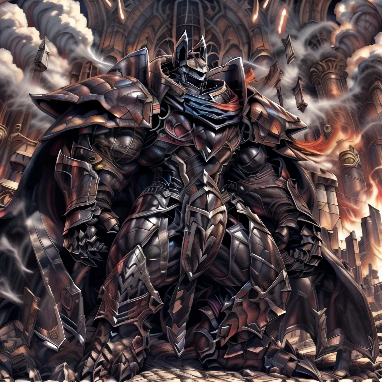(masterpiece. official art. 8k. best quality. detailed full body. full body.)
(situation 1 : dominating mega_lucario. mega_lucario is over 1000 meters long. focus GIANT mechanical Muscular mega_lucario is trampling the city. Looking down. macro. stomp. Low-angle perspective. emphasizing the immense size.)
(situation 2 :smoke and flames rising from the destruction in the city)
(Additional details 1: BlackKnight_fe. Armor. Cape. Helmet. Sword. wearing a full-face helmet. high-tech bio-mecha armor. real texture material. whole body shines like metal. Wearing cyberpunk mecha. emphasizes the muscles. suit fully made of metal. intricate armor. Robotic suit. suit fully made of metal. cyborg. Powered exoskeleton with the same design as mega_lucario).
(Additional details 2: Detailed head. Detailed Body. Detailed abs. gigantic muscles. HYPER MUSCLES. Gigachad Muscular. big muscle. pecs. triceps. traps. unusually developed muscular body. body full of huge muscles. showing off muscles. pectorales enormes. Exaggeratedly huge muscles. huge muscles. long legs.).
(Additional details 3: NJfurry. mega_lucario wears a long black cloak.The claws are sharp. Sharp teeth. 5 toes.).
(Additional details 4: tiny thong, metallic color: jet black thong. bulge in the crotch.)