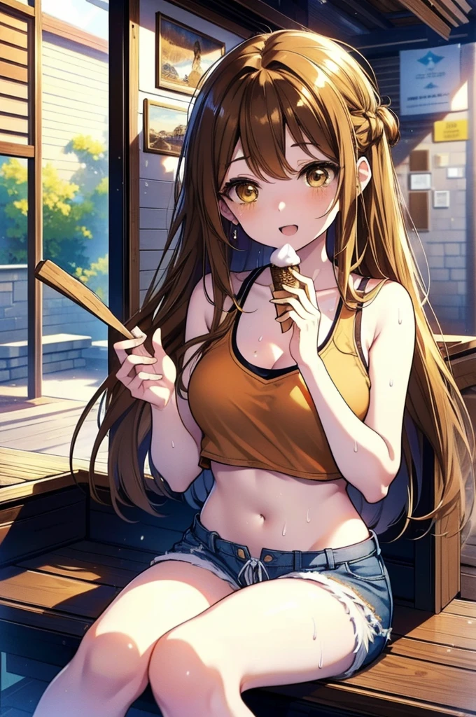 a sun ayuuki, a sun a yuuki, Long Hair, Brown Hair, (Brown eyes:1.8), Sweat,濡れたTank top,Tank top,Belly button,happy smile, smile, Open your mouth,Shorts,barefoot,Sitting on the sofa,Holding an ice cream in one hand,noon,Clear skies,
Break indoors,room,
壊す looking at viewer,Systemic
break (masterpiece:1.2), Highest quality, High resolution, unity 8k wallpaper, (shape:0.8), (Fine and beautiful eyes:1.6), Highly detailed face, Perfect lighting, Highly detailed CG, (Perfect hands, Perfect Anatomy),