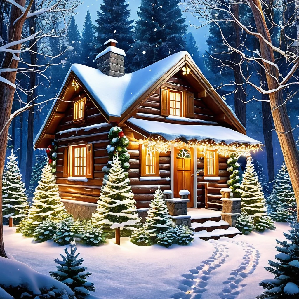 Create a magical Christmas forest scene with snow-covered trees, twinkling fairy lights, and a hidden path leading to a cozy cabin