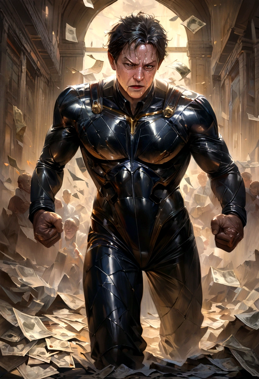Elon Musk fighting money, oil painting, hard brush strokes, dramatic lighting, intense expression, determined eyes, closed fists, sweat running down your face, wrinkled suit, broken chains, Crumbled dollar bills, Ruined Stock Market Chart, smoke rising in the background, black and white with a touch of gold, realism. (Best Quality, high, ultra detailed), (realist:1.37), professional, vivid colors.