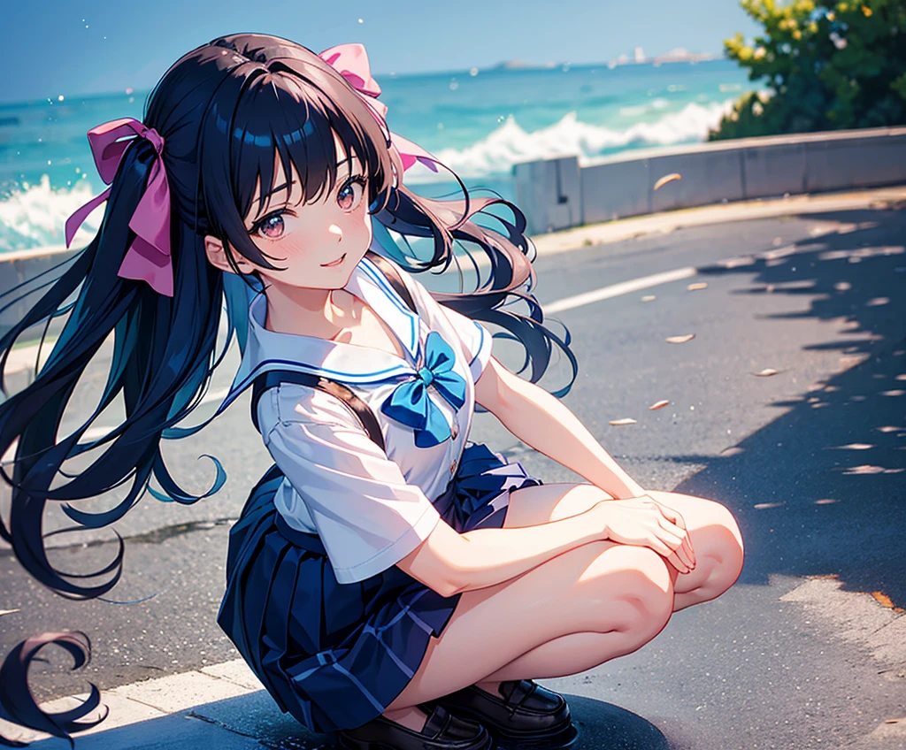 master piece, extremely detailed, high resolution, Makoto Shinkai style, high school girl, short sleeve shirt, blue bow tie, checkered mini skirt, elbows at sides, arms clenched, blue hair, glossy plump lips, pink lips, glossy hair, stone steps in the background of a park with an ocean view, blue summer sky, mouth closed and happy expression, long straight hair, ribbon hair accessory, curious eyes, brown eyes, mid-bust, slim waist, upper body only, girl reflected in a puddle, squatting over a puddle, fullbody, wearing loafers,