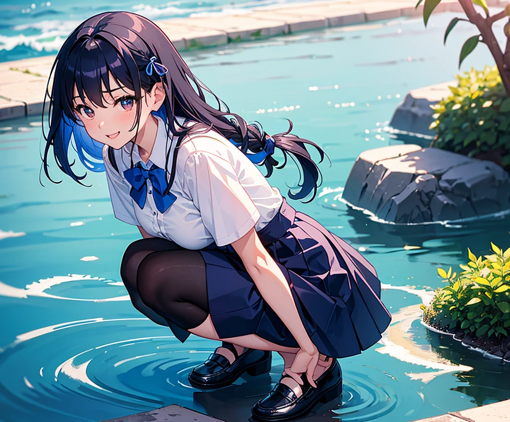 master piece, extremely detailed, high resolution, Makoto Shinkai style, high school girl, short sleeve shirt, blue bow tie, checkered mini skirt, elbows at sides, arms clenched, blue hair, glossy plump lips, pink lips, glossy hair, stone steps in the background of a park with an ocean view, blue summer sky, mouth closed and happy expression, long straight hair, ribbon hair accessory, curious eyes, brown eyes, mid-bust, slim waist, upper body only, girl reflected in a puddle, squatting over a puddle, fullbody, wearing loafers,