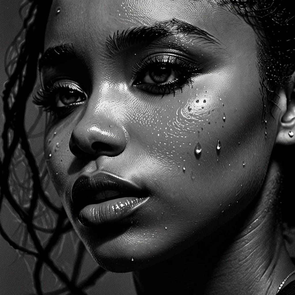 close up and zoomed in on a beautiful depressed emotional sad black girl with a single teardrop running down her face from her eye, noir photorealism, mysterious portrait of a woman, chiaroscuro portrait, close up on side profile, tinashe, zoe kravitz, zoomed in on tear drop, euphoria vibes, tears, crying, black and white, dark