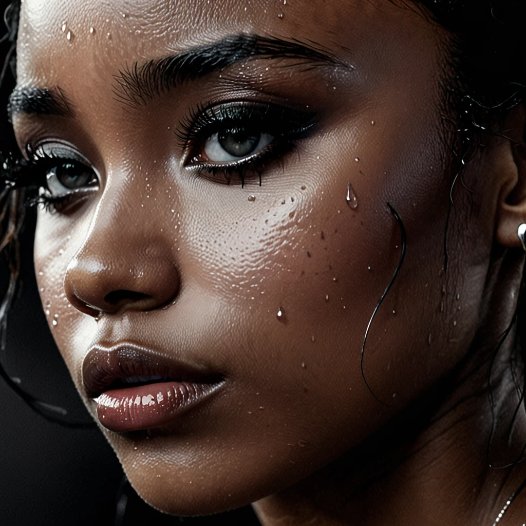close up and zoomed in on a beautiful depressed emotional sad black girl with a single teardrop running down her face from her eye, noir photorealism, mysterious portrait of a woman, chiaroscuro portrait, close up on side profile, tinashe, zoe kravitz, zoomed in on tear drop, euphoria vibes, tears, crying, black and white, dark