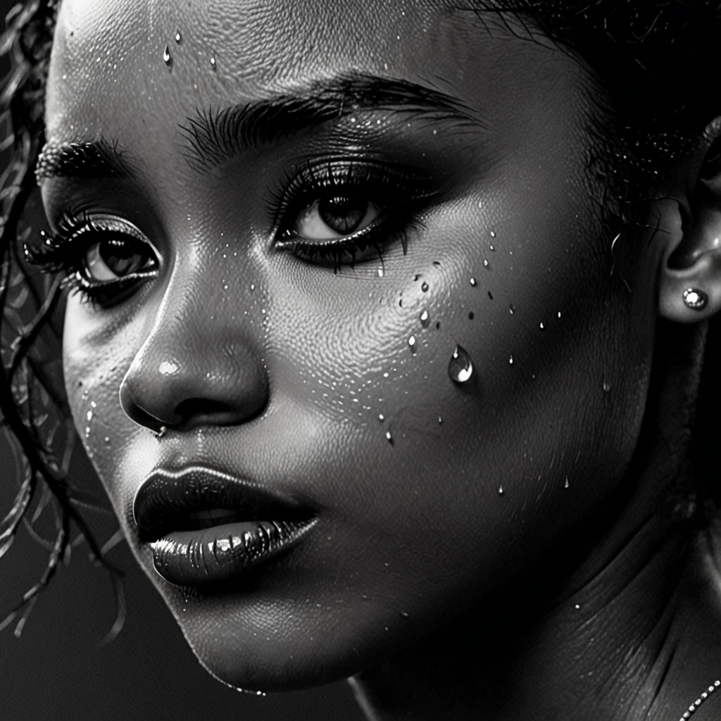 close up and zoomed in on a beautiful depressed emotional sad black girl with a single teardrop running down her face from her eye, noir photorealism, mysterious portrait of a woman, chiaroscuro portrait, close up on side profile, tinashe, zoe kravitz, zoomed in on tear drop, euphoria vibes, tears, crying, black and white, dark