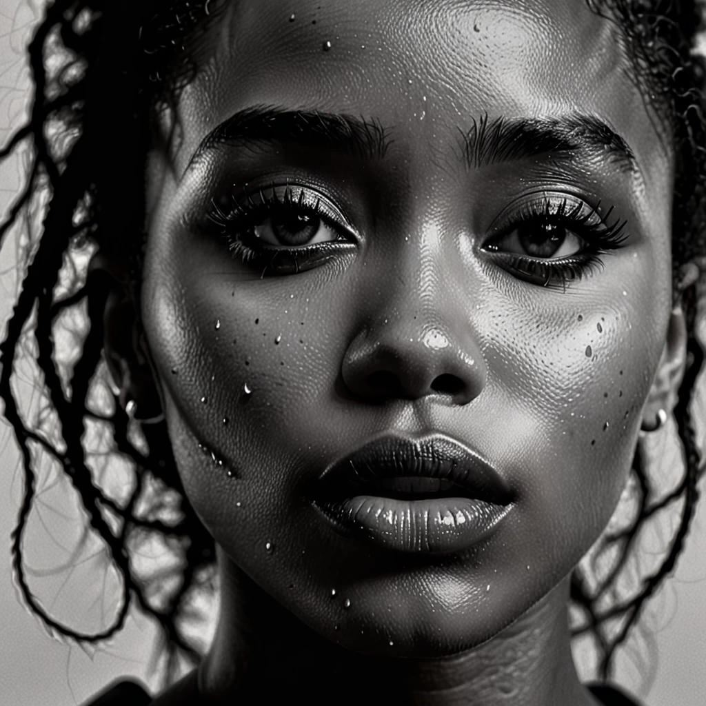 close up and zoomed in on a beautiful depressed emotional sad black girl with a single teardrop running down her face from her eye, noir photorealism, mysterious portrait of a woman, chiaroscuro portrait, close up on side profile, tinashe, zoe kravitz, zoomed in on tear drop, euphoria vibes, tears, crying, black and white, dark