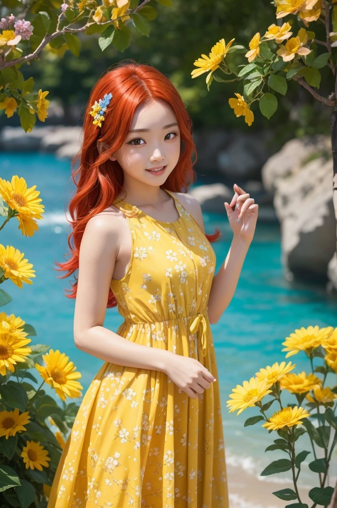 I want to create a fun-loving character who has red hair, brown eyes, yellow skin and a flowery dress with blue and black