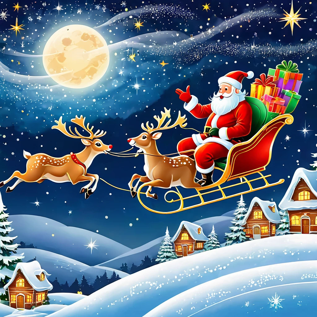 Illustrate Santa Claus and his reindeer flying across a starry sky, delivering gifts to homes below. Capture the essence of joy and wonder.