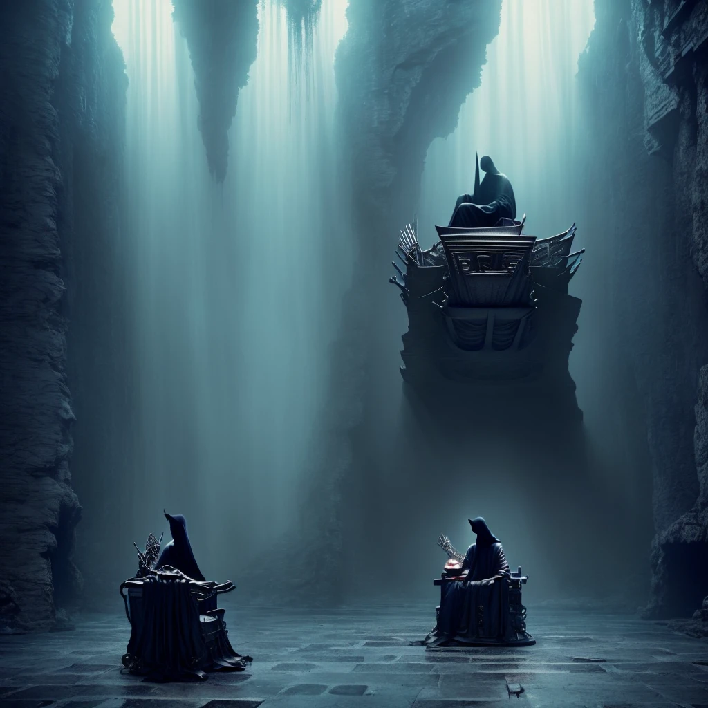(photo and gross, best qualityer, work of art, photorrealisticic, of the highest quality, Maximum image quality, high resolution, 8K, High definition:1.2), Vibrant,ethereal lighting,sharp focus,ultra detaild,((Extremely detailed 8K unified CG wallpaper)),(best qualityer,4K,8K,high resolution,work of art:1.2),ultra detaild,(realist,photorrealistic,photorrealistic:1.37), ((Surrealism,faceless shadow sitting on the throne of power:1.5)),detailedeyes,beautiful detailed lips,White protective clothing,crows flying,got off the subway,subway platform,narrow underground passage,Spiral stairs,light suits,abandoned atmosphere,Shadows and light contrast,unexpected encounter,mysterious aura,elementos do Surrealism sombrioo,distorted reality,strange and dreamlike atmosphere,Awkward silence,mystical vibrations,Disturbing tension,Restless emotions,emerging shadows,dark figures emerging from the darkness,frightening presence,paisagem surreal,misty fog,ethereal illusions,distorted perspectives,arcane symbolism,crow feathers,sinister atmosphere,ghostly whispers,dreamy and scary atmosphere,unclear boundaries of reality and imagination,scary beauty,incredible scenery,spooky ambiance,otherworldly experience,roof leaking water,melancholic mood, and feeling of isolation,Industrial urban decay,hauntingly beautiful frightening presence,sublime beauty of the unknown,stunning images,mysterious and enigmatic scenes..,An enigmatic story waiting to be revealed..,visual paradoxes,chilling and captivating visual journey,Contrast between light and dark,bright colors with desaturated tones,Subtle touches of color to enhance the environment..