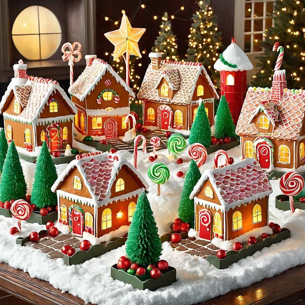 Generate a whimsical village made of gingerbread houses, gumdrop pathways, and candy cane street lamps. Add characters enjoying sweets and hot cocoa.