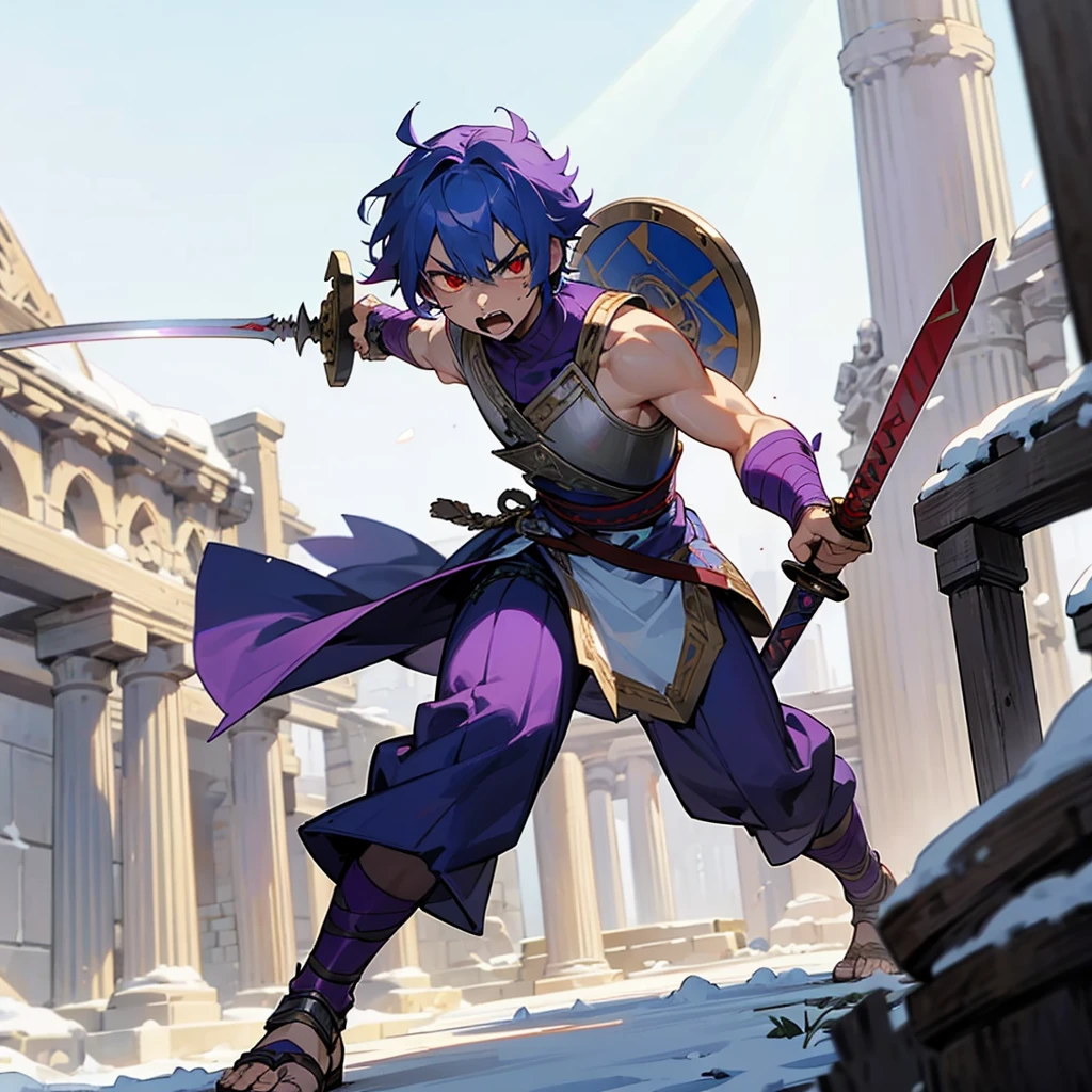 1boys orc, Full body version, red eyes, purple colour skins, angry eyes, cut hair, blue colour hair, angry expression, ancient greek clothing, gladiator sandals, Rapier sword in hand, small shield, silver armor vest, Grassroots background in snow, sunlight, sun, war gesture