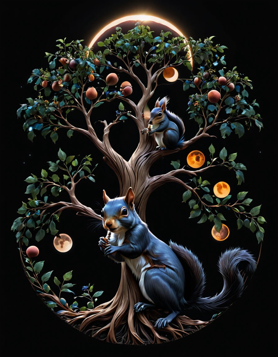 solid black background, eclipse, artpkplnt, tree of Life, 8K, squirrel,