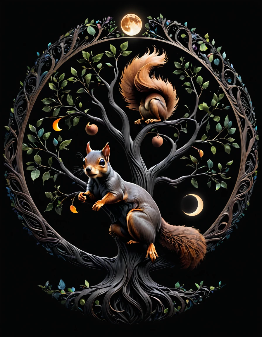 solid black background, eclipse, artpkplnt, tree of Life, 8K, squirrel,