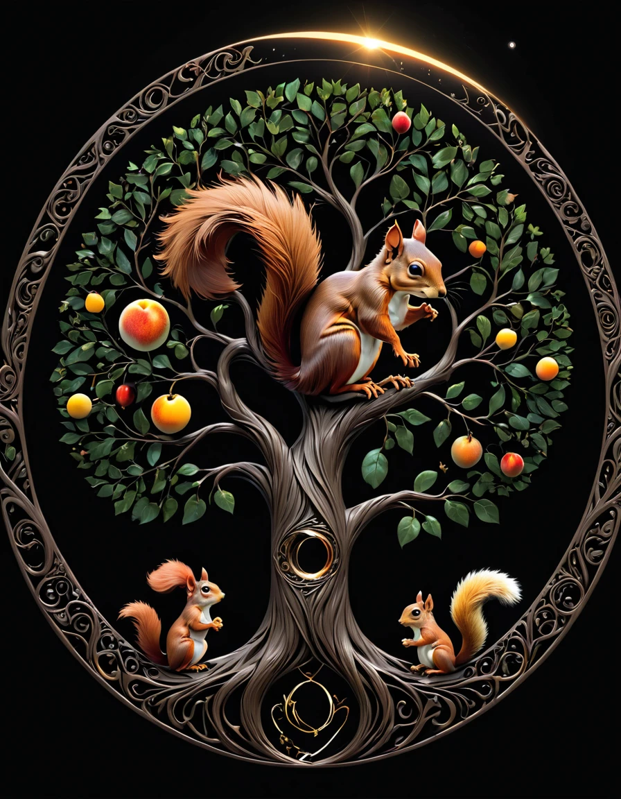 solid black background, eclipse, artpkplnt, tree of Life, 8K, squirrel,