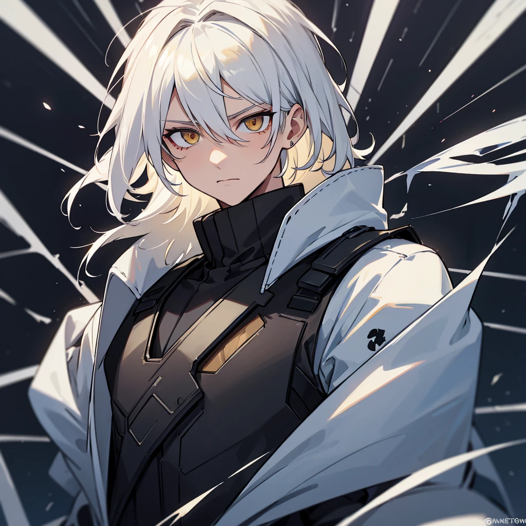 male character. naughty man. white hair. golden colored eyes. black clothing. Futuristic Setting. cold and cautious face