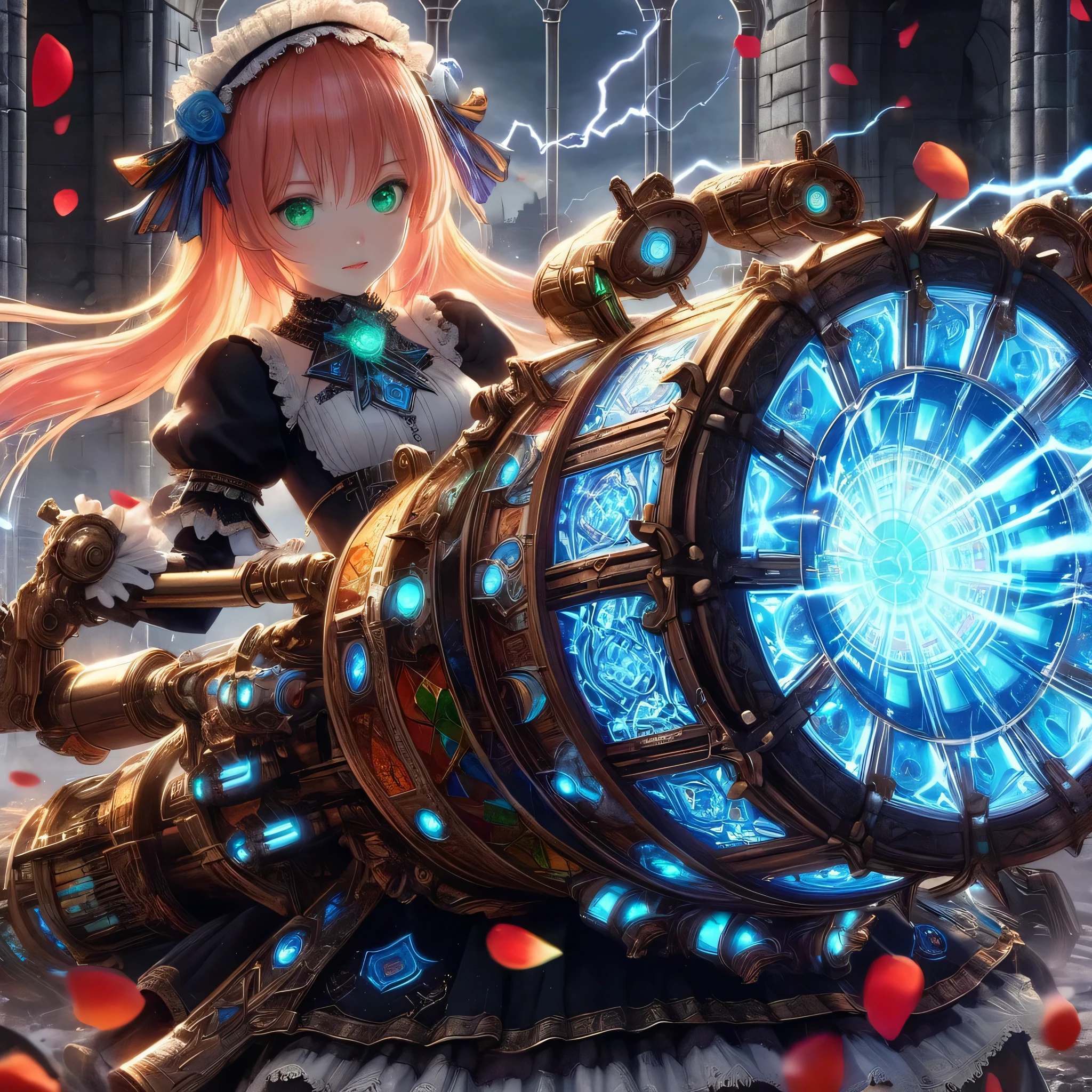 High-resolution rendering、Pink-haired, green-eyed black maid with a giant volt cannon、A gigantic Volt Cannon that is significantly larger than her head.、Detailed Vault Cannon、Blue and orange volt cannon。The Vault Cannon is engraved with intricate geometric stained glass patterns.、Shooting lightning。She points the Volt Cannon at the viewer.。Full Body Shot。In the background, it is pitch black with ruins.、The falling rose petals create a fantastic atmosphere.。An anime with delicate lines drawn using soft brushstrokes like watercolorultiple cels are layered to create the texture of ink.。Quality depicted through pinpoint detail。Full Body Shot