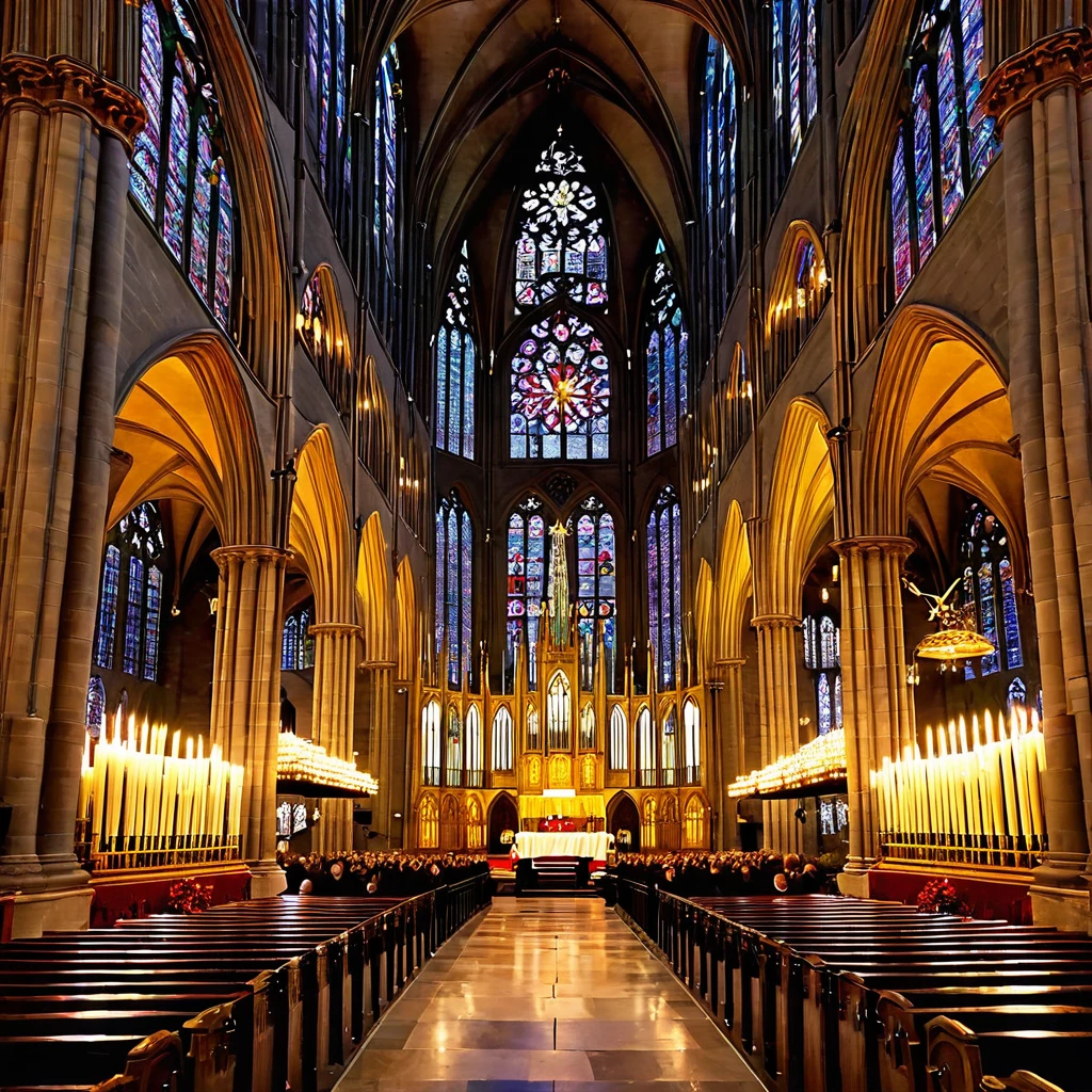 Design a breathtaking cathedral interior with rows of flickering candles, stained glass windows, and a choir singing Christmas carols.