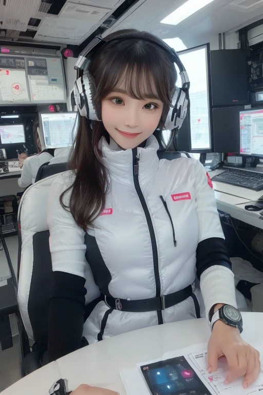 masterpiece, Highest quality, Very detailed, 8K Portrait,Japanese Android Girl,plump , Control panel,Robotic arms and legs, Blunt bangs,,break (Metallic Gray, Metallic luster, Mirror finish, Astro Best):5,headphone:5,break (Black sleeves):100,Smart Watches,Futuristic space station,Control Room,break headphone,blue eyes,(Black Hair):2,(Long Hair):1.3,Displaying the viewer,(respirator),break blush:3,Hidden Hand,smile