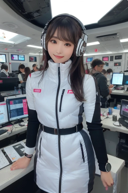 masterpiece, Highest quality, Very detailed, 8K Portrait,Japanese Android Girl,plump , Control panel,Robotic arms and legs, Blunt bangs,,break (Metallic Gray, Metallic luster, Mirror finish, Astro Best):5,headphone:5,break (Black sleeves):100,Smart Watches,Futuristic space station,Control Room,break headphone,blue eyes,(Black Hair):2,(Long Hair):1.3,Displaying the viewer,(respirator),break blush:3,Hidden Hand,smile