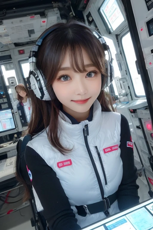 masterpiece, Highest quality, Very detailed, 8K Portrait,Japanese Android Girl,plump , Control panel,Robotic arms and legs, Blunt bangs,,break (Metallic Gray, Metallic luster, Mirror finish, Astro Best):5,headphone:5,break (Black sleeves):100,Smart Watches,Futuristic space station,Control Room,break headphone,blue eyes,(Black Hair):2,(Long Hair):1.3,Displaying the viewer,(respirator),break blush:3,Hidden Hand,smile