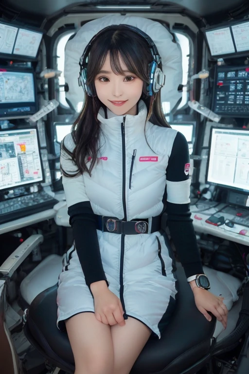 masterpiece, Highest quality, Very detailed, 8K Portrait,Japanese Android Girl,plump , Control panel,Robotic arms and legs, Blunt bangs,,break (Metallic Gray, Metallic luster, Mirror finish, Astro Best):5,headphone:5,break (Black sleeves):100,Smart Watches,Futuristic space station,Control Room,break headphone,blue eyes,(Black Hair):2,(Long Hair):1.3,Displaying the viewer,(respirator),break blush:3,Hidden Hand,smile