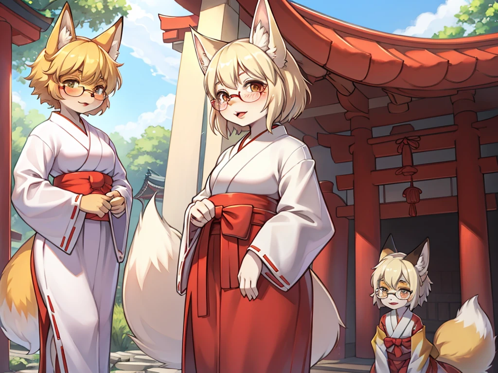 Japanese shrine maiden outfit fox , short blonde hair, freckles, (thick lips), plump, glasses , Suspicion eyes , gohei