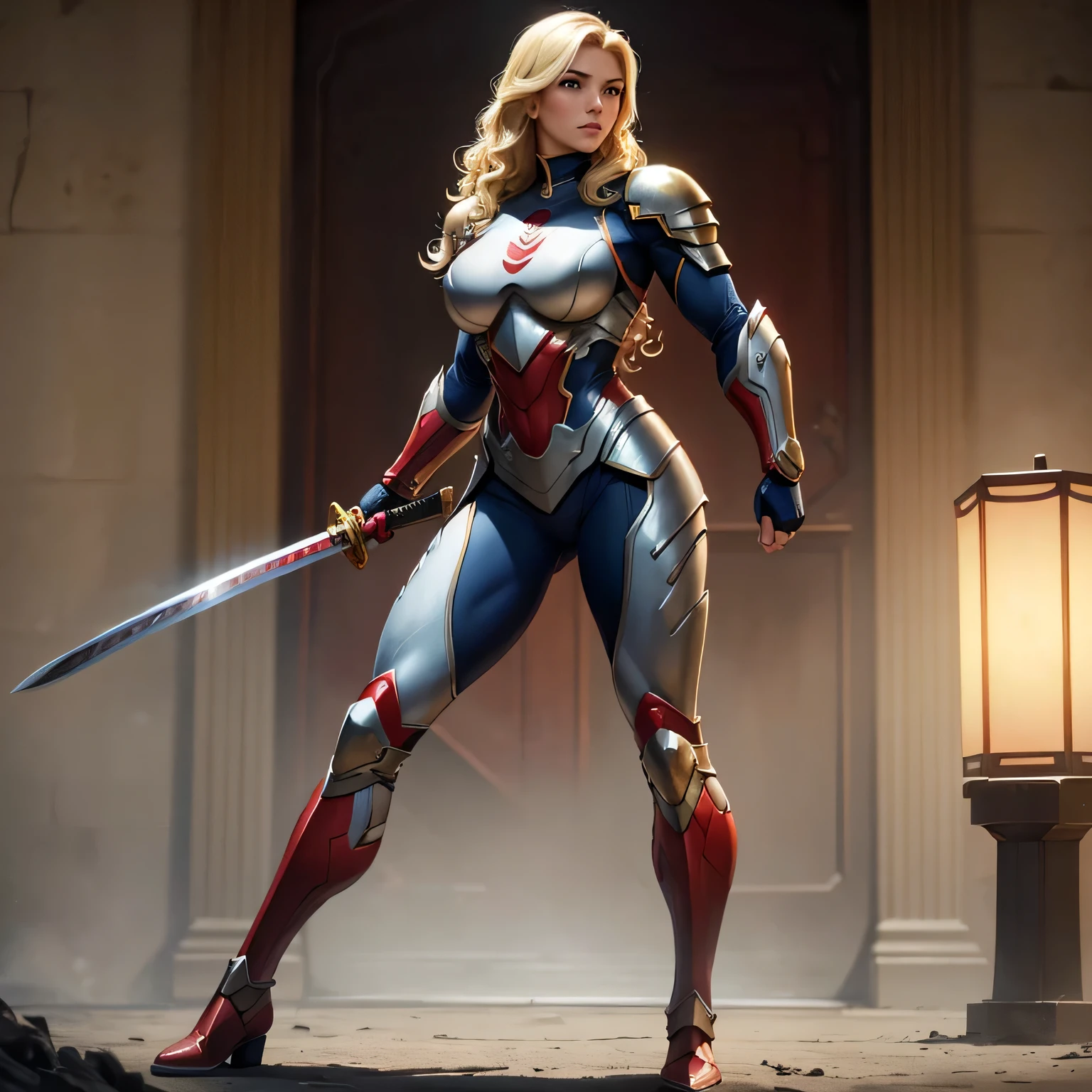 masterpiece, best quality, agrias, a woman, solo, wearing full red and white, widow suit, standing, blonde hair, high leg, mid curly hair , muscular , detailed face, muscular detailed face, age 22,superhero, big breast, blue eyes, Katana on hand, smaurai light armor, full body