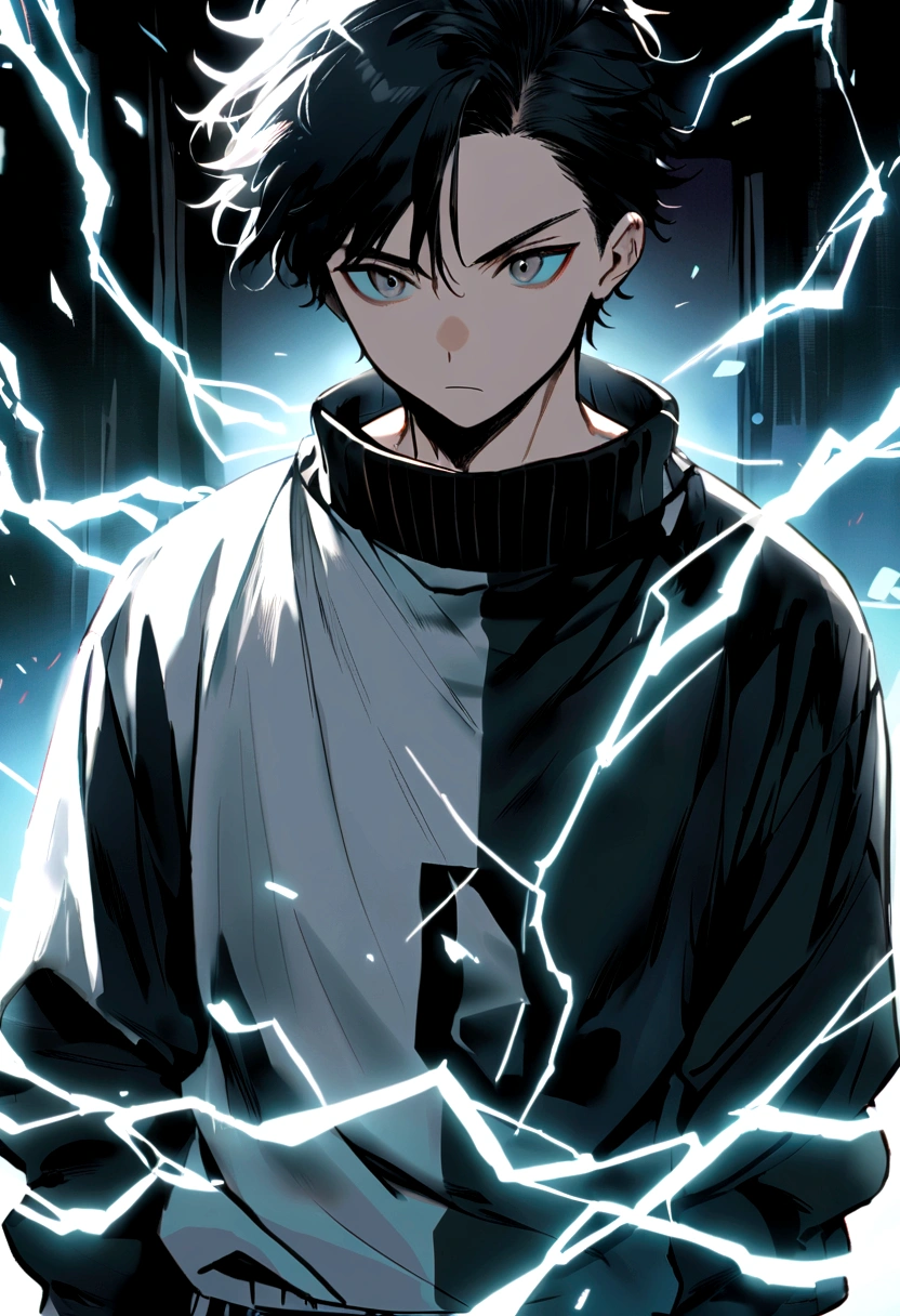 Man Long black hair black and white sweatshirt with electricity on his body
