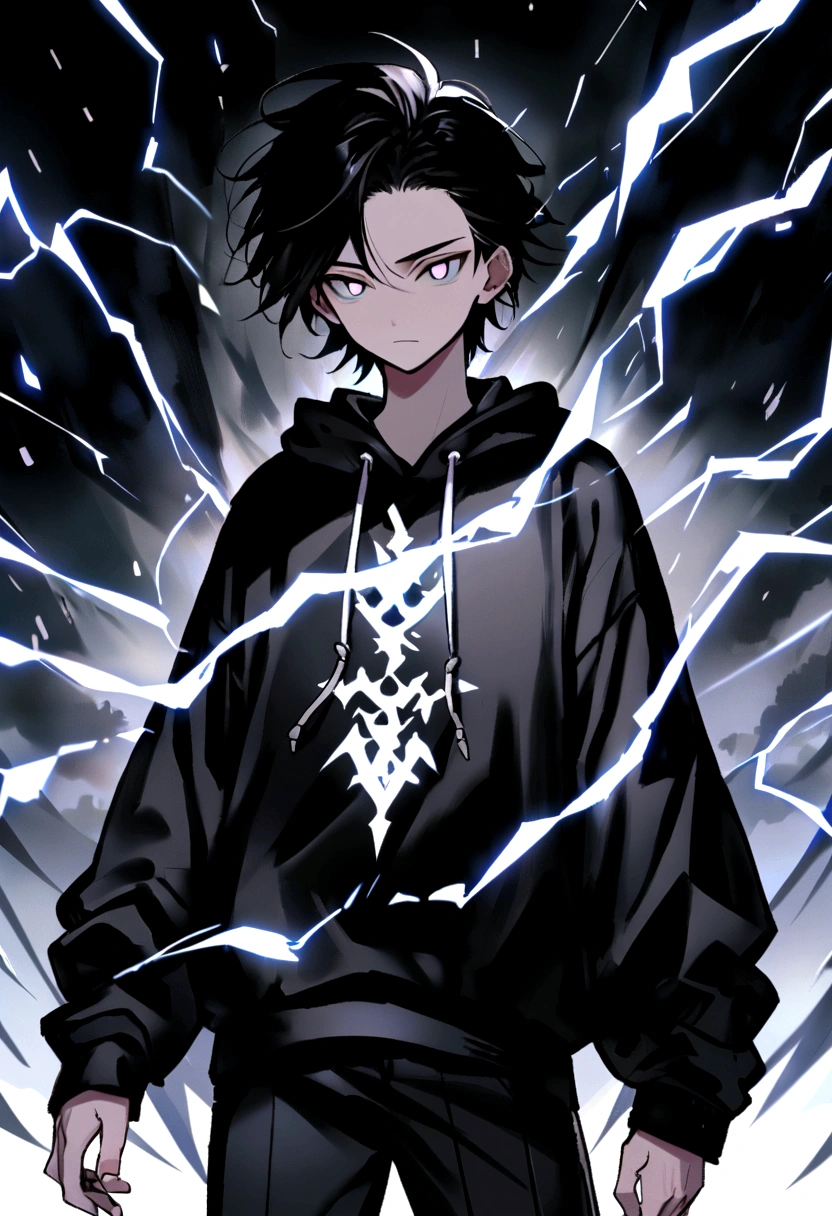 Man 17 years old Long black hair black and white sweatshirt with electricity on his body