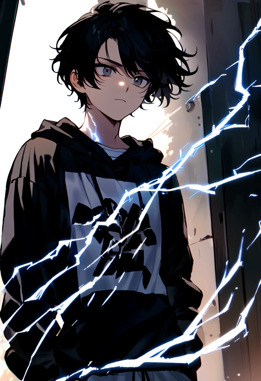 Man Long black hair black and white sweatshirt with electricity on his body