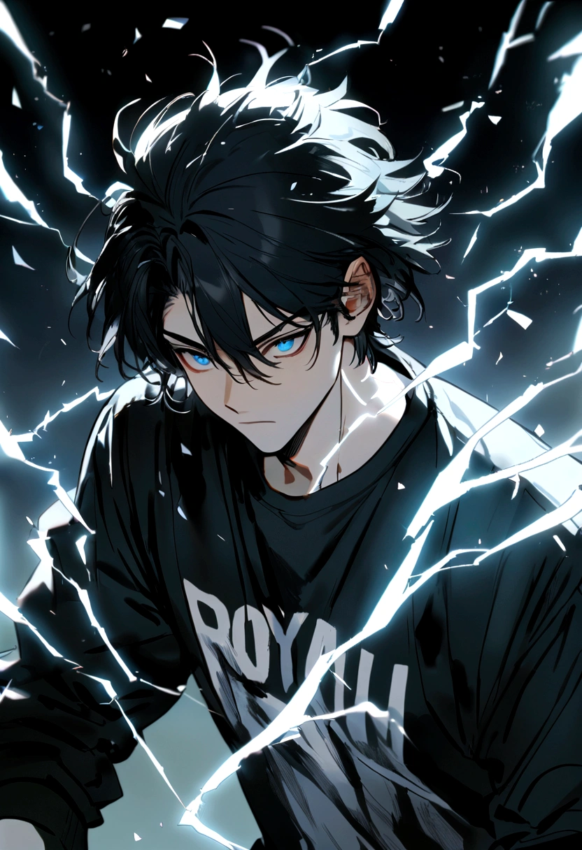 Man 17 years old Long black hair black and white sweatshirt with electricity on his body