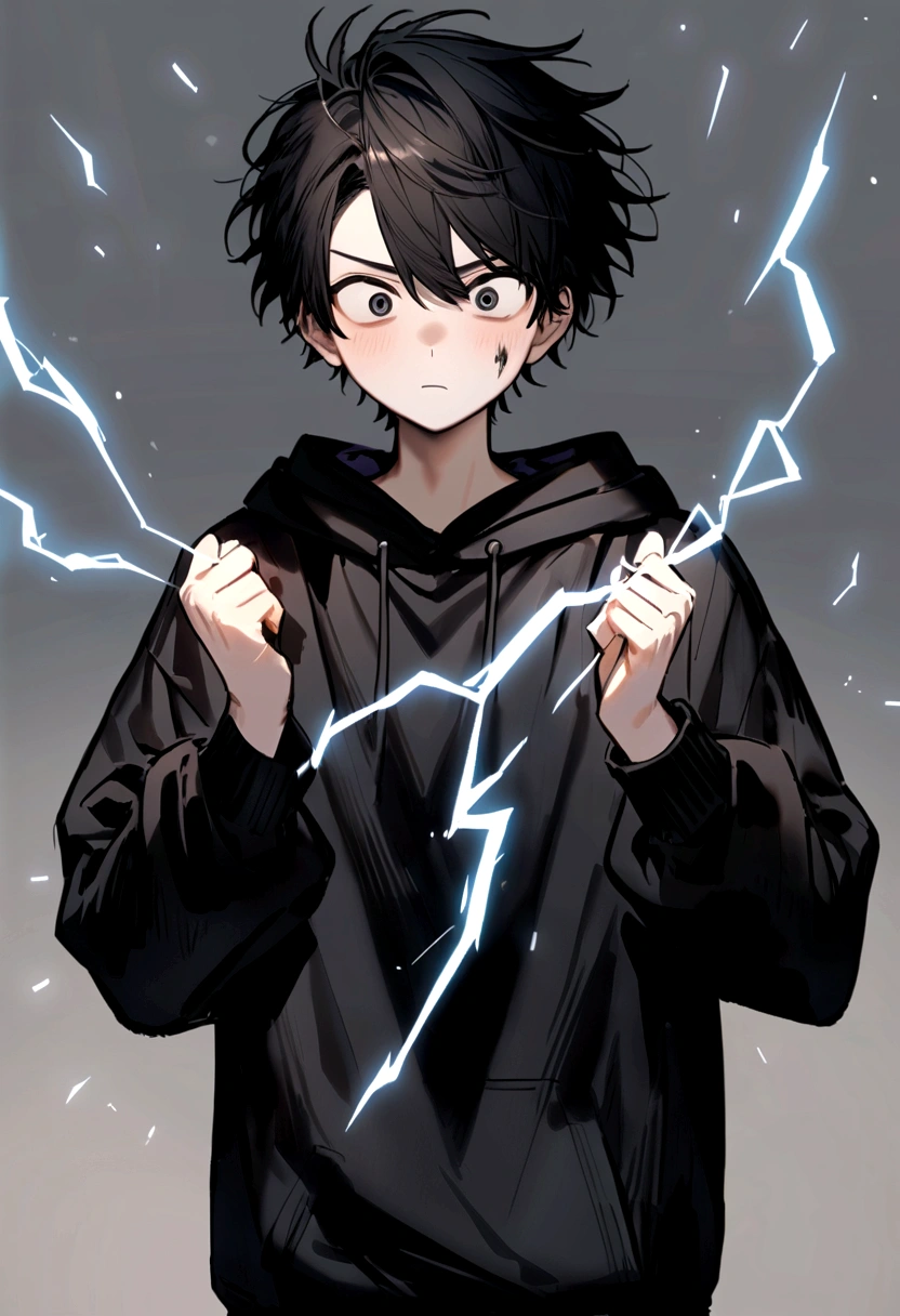 Man 17 years old Long black hair black and white sweatshirt with electricity on his body