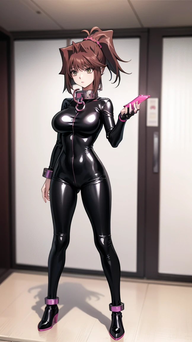 1 girl,NSFW,(((large mechanical collar))),  Kyoko Masaki,(Yu-Gi-Oh),AnzuDef,short hair, brown hair, hair ornament, high ponytail, ponytail,huge breasts, clavicle, Glowing purple eyes,absurd, brainwashing,empty eyes, ((No expression,erasure of emotions)), (black latex tight bodysuit),look away , full body figure,((stand up, salute)), (highest quality、4k、8K、High resolution、must have:1.2)、Super detailed、(reality、reality的なです、reality的な:1.37)、ticker、hyper hd、studio lighting、ultra definition paint、sharp focus、Physically based rendering、extreme details、Professional specifications、vibrancy and color、blurry、sports portrait、landscape、horror style、anime big breast、SF、photograph、concept artist、five fingers, perfect body,  {{{masterpiece}}}, {{{highest quality}}}, {{Super detailed}}, {shape}, {{very delicate and beautiful}},Improved cost performance、all roles、Canon 5D MK4でphotograph、photograph, 