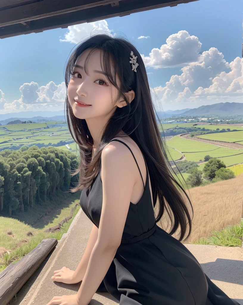 (Highest quality, 32k, High resolution, Masterpiece:1.5, ), marimo_jet, god々A photograph with brilliant brilliance and the power of nature., Expressing emotions, Have a rich imagination, Beautiful Japanese Girls, An exceptionally beautiful face, Small Face Beauty, ((Low-angle full-body shot:1.3)), Perfect Human Anatomy, Magical big eyes, Motherhood and generosity, Deep Love, fleeting smile, Shiny black hair, Beautiful super long hair swaying in the wind, Asymmetrical bangs, Hair between the eyes, Transparent, soft white skin, Sharp eyebrows, Thin lashes, Natural Makeup, Cheek highlighter, Pale pink detailed lips, (High-quality black dress:1.3), ((High resolutionの美しい太もも, Beautiful legs), ((Distant Horizon:1.5)), ((Rural scenery stretching to the horizon:1.3)), ((Overlooking the countryside from the plateau:1.3)), Beautifully detailed skies, Professional Photographer, Professional Lighting, Professional Model
