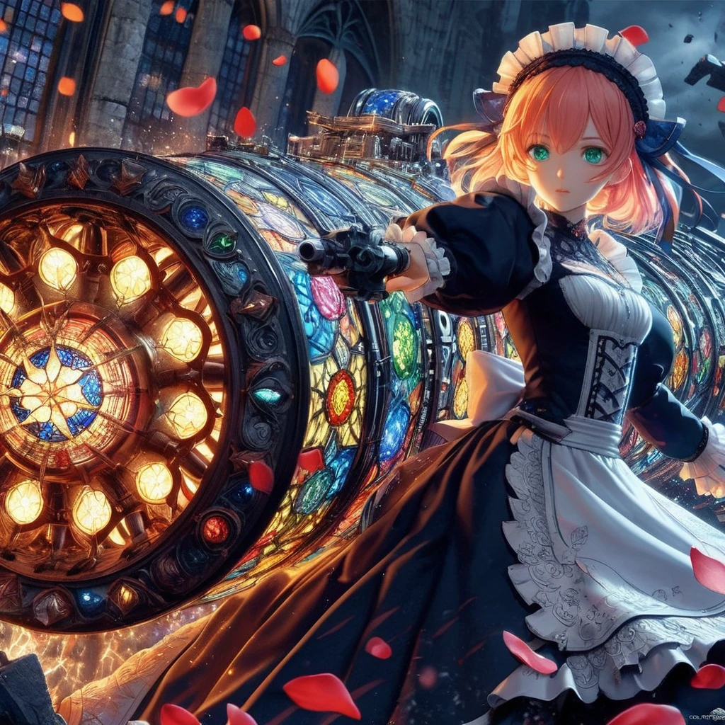 High-resolution rendering、Pink-haired, green-eyed black maid with a giant volt cannon、A gigantic Volt Cannon that is significantly larger than her head.、Detailed Vault Cannon、Blue and orange volt cannon。The Vault Cannon is engraved with intricate geometric stained glass patterns.、Shooting lightning。She points the Volt Cannon at the viewer.。Full Body Shot。In the background, it is pitch black with ruins.、The falling rose petals create a fantastic atmosphere.。An anime with delicate lines drawn using soft brushstrokes like watercolorultiple cels are layered to create the texture of ink.。Quality depicted through pinpoint detail。Full Body Shot