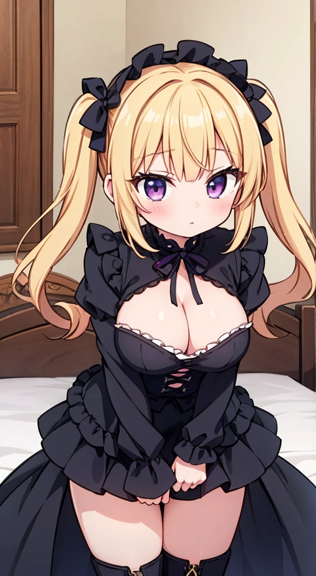 masterpiece, Highest quality, (anime screencap:1.3),(shape), cute,(Simple:1), (anime:1.2),Solo Sharp Focus, 1 Girl, Looking at the audience, NSFW,Japan,Love Hotel,bed,Leaning forward,blonde,((mini skirt)),Are standing, Twin tails,summer ,Cleavage((Black Gothic Costume)),Red ribbon,Gothic,,Black ta Fashion,Gothic Bonnet,Hair Ribbon,Cowboy Shot,Daytime,,,Large Breasts,,（Absolute region 1.1),（Braided Boots 1.1),Browsing Caution,