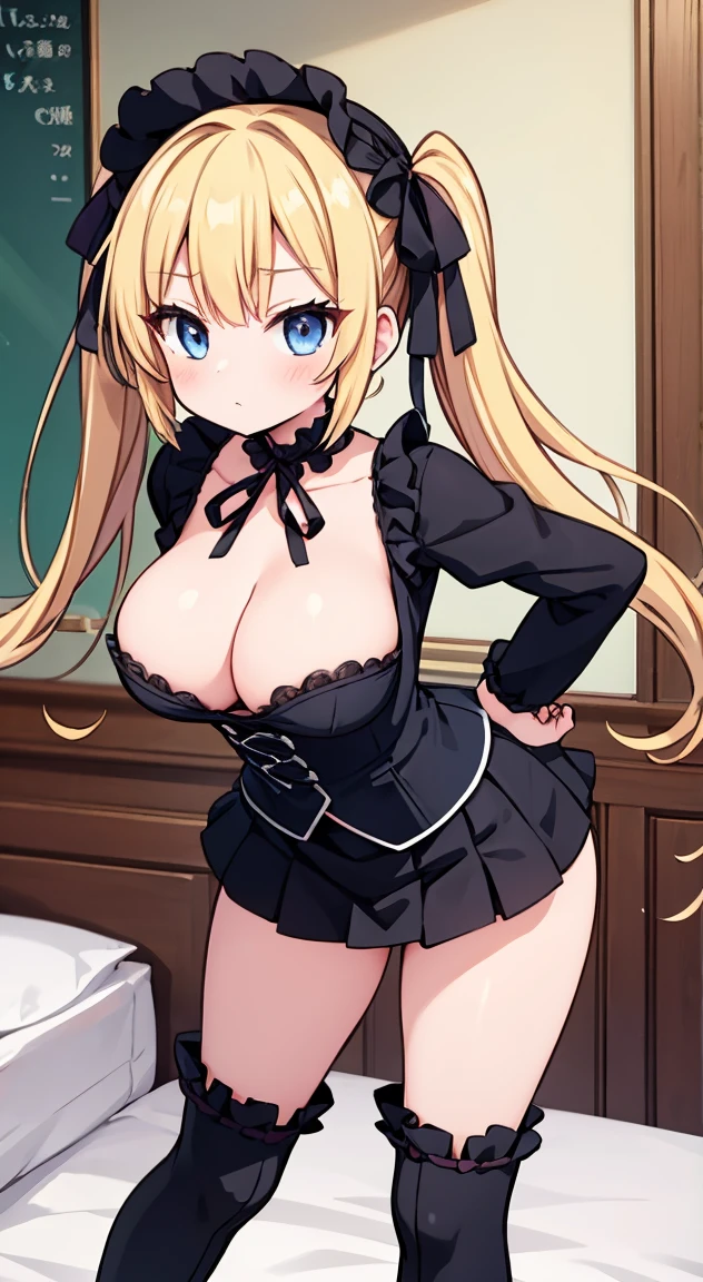 masterpiece, Highest quality, (anime screencap:1.3),(shape), cute,(Simple:1), (anime:1.2),Solo Sharp Focus, 1 Girl, Looking at the audience, NSFW,Japan,Love Hotel,bed,Leaning forward,blonde,((mini skirt)),Are standing, Twin tails,summer ,Cleavage((Black Gothic Costume)),Red ribbon,Gothic,,Black ta Fashion,Gothic Bonnet,Hair Ribbon,Cowboy Shot,Daytime,,,Large Breasts,,(Absolute region 1.1),(Braided Boots 1.1),Browsing Caution,
