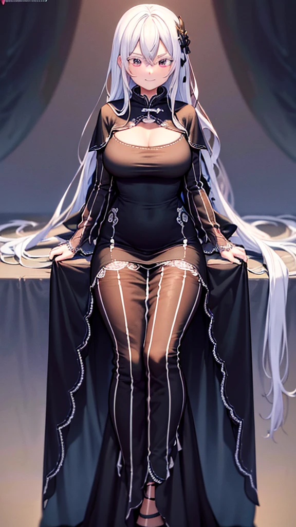 masterpiece)),((Highest quality)),High resolution,Extremely detailed CG,Perfect lighting,8k wallpaper、One Woman, Adult women、alone、Very large breasts、Very large breasts、Enlarge breasts、very thick legs、Looking into the camera、Long black dress、Black clothes、The body line is clear