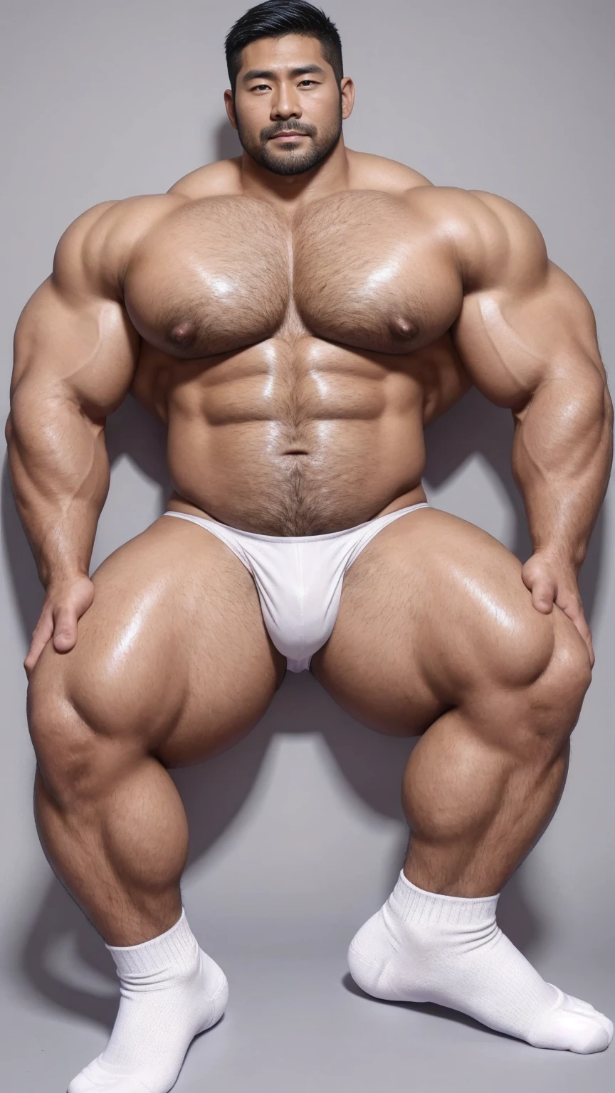 There is only one handsome Asian actor in the photo,35 years old,High target, Fitness,short hair, O-Shaped Beard,Perfect body, Dark skin color,Radiant Skin,Smooth skin,Shiny, shiny skin,Smooth pectoral muscles,No chest hair,No body hair,Muscle bulge, muscular, Very large pectoral muscles,Very sexy abdominal muscles,Very well-developed leg muscles,Huge concave and convex area,Brightens oily skin,Wearing a pink leather shiny thong,Handsome face, Correct and accurate male body proportions, Wear white socks,Lying on gray background。
