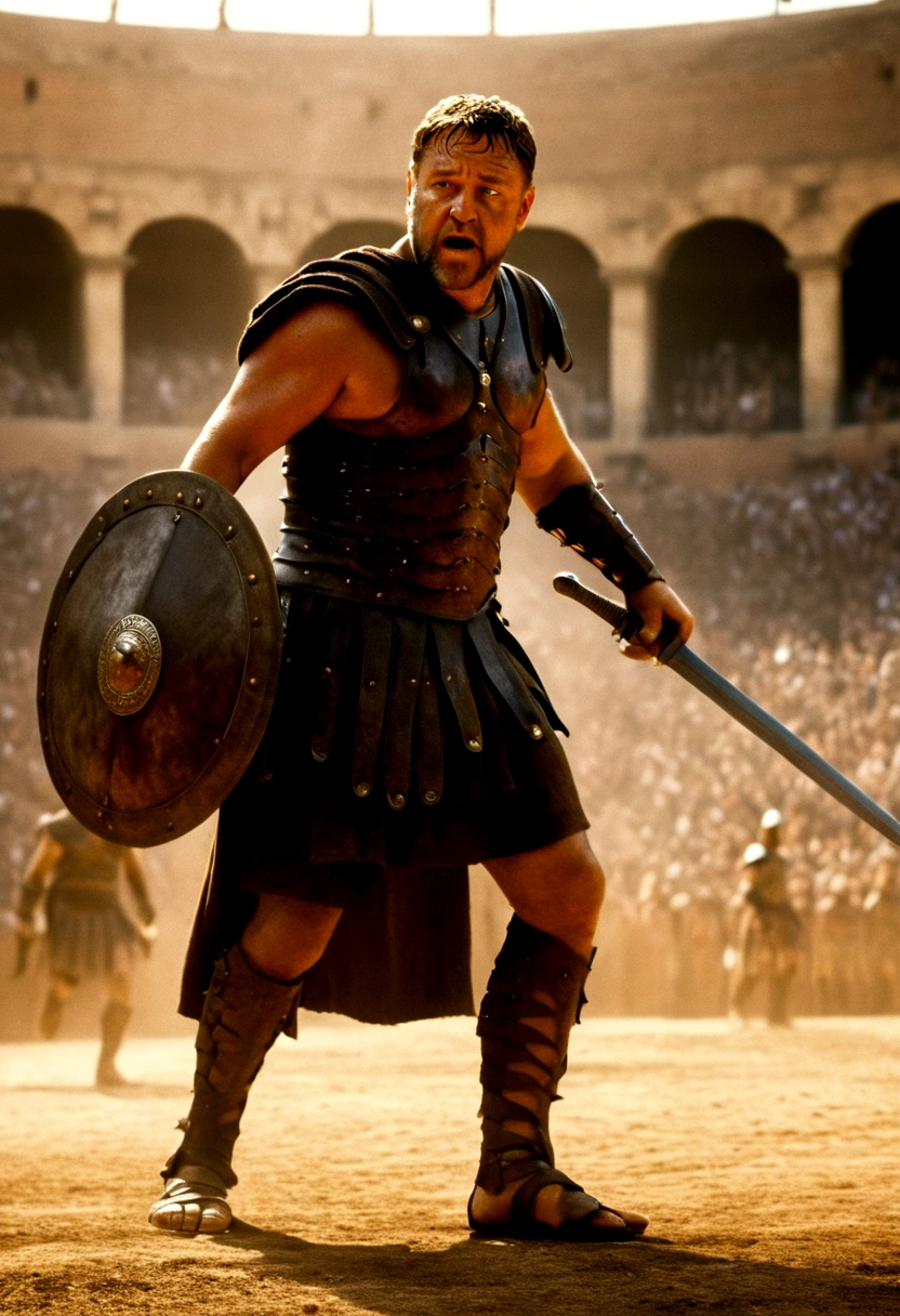 Russell Crowe as the Gladiator, with a sword in one hand and a shield in the other, he is in the coliseum