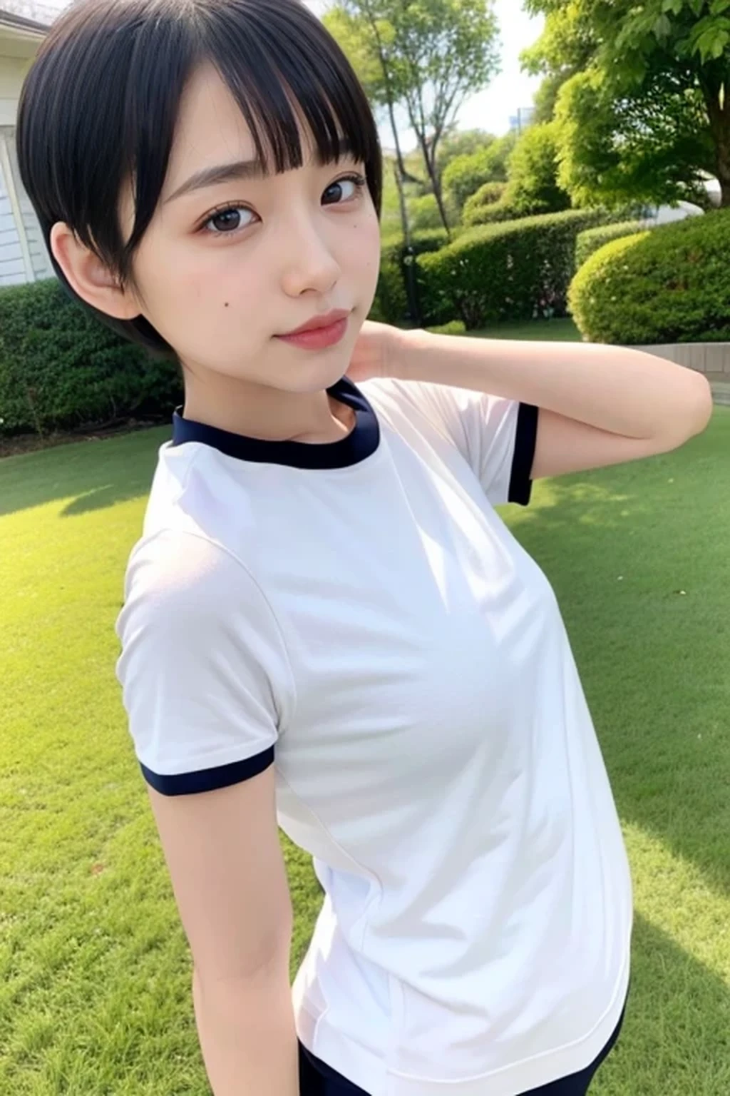 one girl, ************, 8k, RAW photo, best quality, masterpiece, realistic, photo-realistic, clear, professional lighting, BREAK, no makeup face, smile, shirt, solo, gym uniform, ブルマ, buruma, white shirt, (short cut hair:1.2), (looking back:1.2), black eyes, black hair, full body