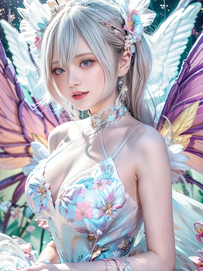 4K Ultra HD, masterpiece, girl, Nice face, Fine grain, Detailed lips, 花のFairyの少女, Big Wings, Transparent feathers, Neon Light, (Galaxy Background:1.5), (Floral Dress:1.8), (White Dress:1.5), In heaven,Angel、Fairy、(((Gentle Smile 1.3)))、(((Elegant pose 1.5)))、(((Blur the background)))、((1.85)))、