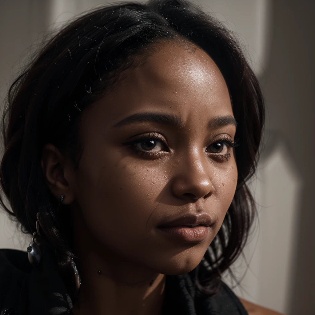 close up and zoomed in on a beautiful depressed emotional sad black girl with a single teardrop running down her face from her eye, noir photorealism, mysterious portrait of a woman, chiaroscuro portrait, close up on side profile, tinashe, zoe kravitz, zoomed in on tear drop, euphoria vibes, tears, crying, black and white, dark