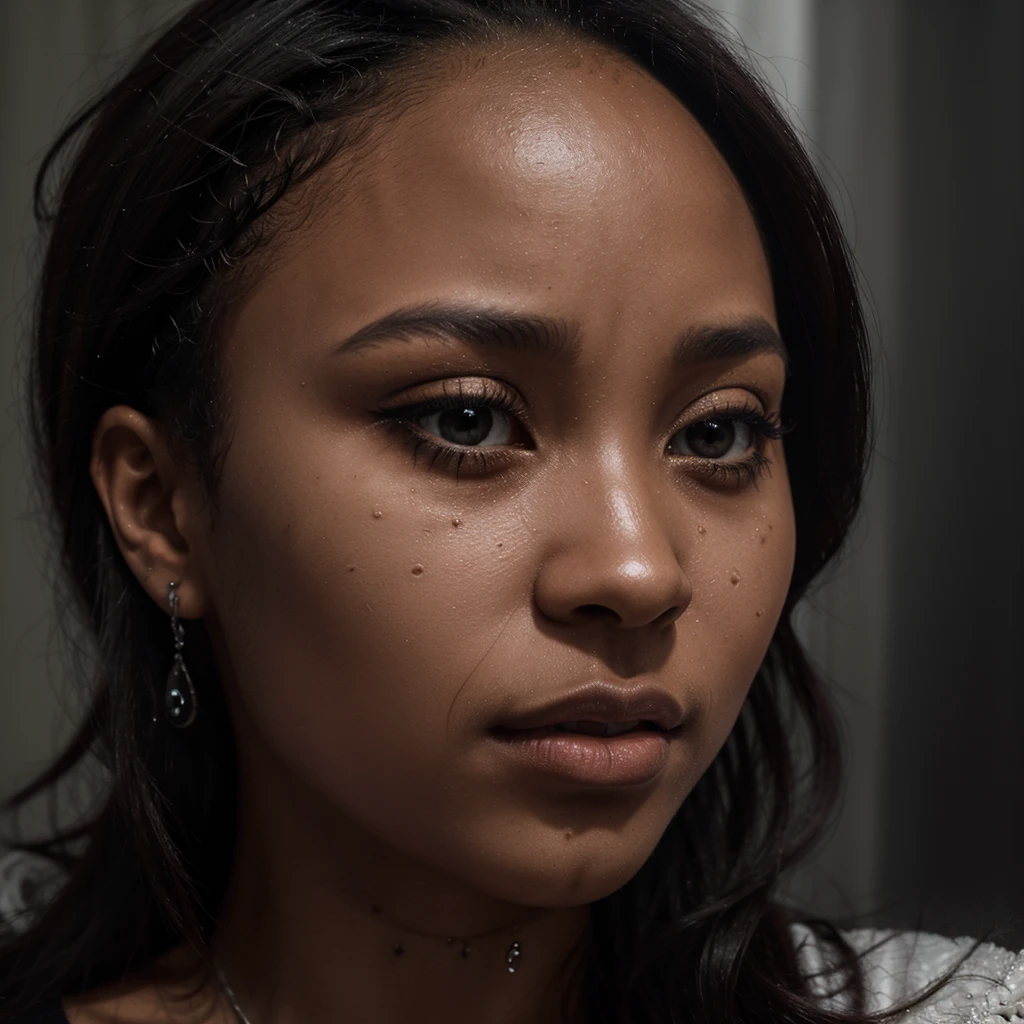 close up and zoomed in on a beautiful depressed emotional sad black girl with a single teardrop running down her face from her eye, noir photorealism, mysterious portrait of a woman, chiaroscuro portrait, close up on side profile, tinashe, zoe kravitz, zoomed in on tear drop, euphoria vibes, tears, crying, black and white, dark