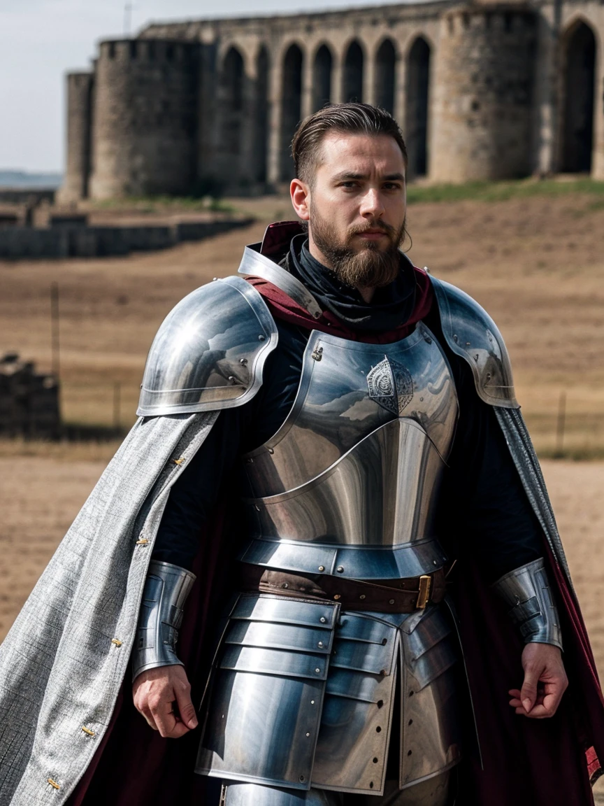 Cinematic powerful general in metal medieval armour, short beard and brunette hair, army camp in background, with cape