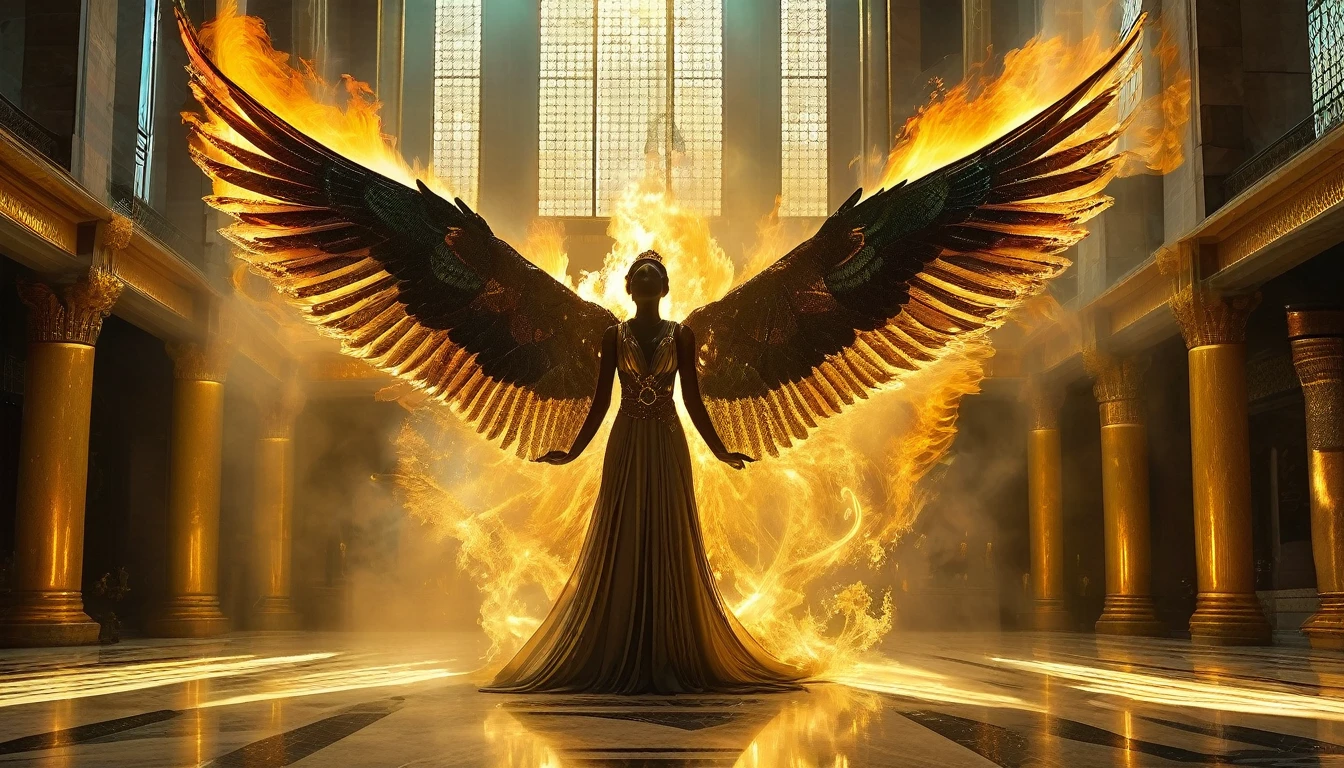 "Create a hyper-realistic, DSLR camera shot of a majestic being with six wings. This being has two wings covering its face, two wings covering its feet, and two wings extended for flying. The being is radiant with bright, fiery light, surrounded by an aura of flames, emitting an ethereal, almost blinding glow. It has a humanoid form with ethereal, otherworldly beauty, and its body glows with celestial light. The face is partially obscured by the wings, but the visible parts show divine features. The being is holding a burning coal with tongs taken from an altar. The setting is a grand hall with golden pillars, stained glass windows casting colorful light beams, and a smoky atmosphere from incense. The floor is polished marble in various shades, reflecting the light and the figure of the being. Ensure the light and flames reflect off the surfaces of the hall, highlighting its grandeur and holiness. The overall atmosphere should be one of awe and reverence, capturing the divine presence in hyper-realistic detail. Add color variations, realistic textures, and dynamic lighting to avoid a statue-like appearance and enhance the overall realism