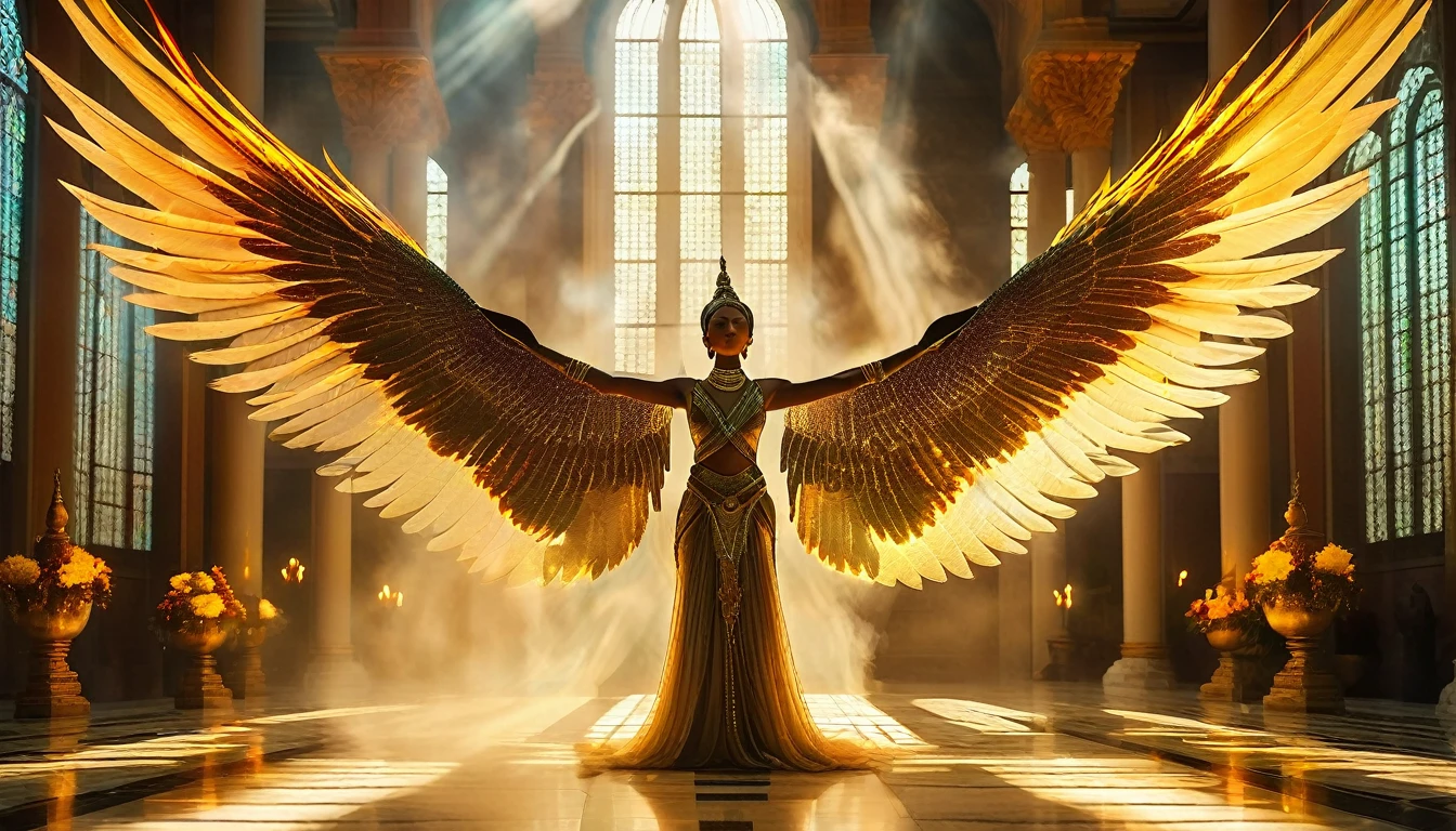 "Create a hyper-realistic, DSLR camera shot of a majestic being with six wings. This being has two wings covering its face, two wings covering its feet, and two wings extended for flying. The being is radiant with bright, fiery light, surrounded by an aura of flames, emitting an ethereal, almost blinding glow. It has a humanoid form with ethereal, otherworldly beauty, and its body glows with celestial light. The face is partially obscured by the wings, but the visible parts show divine features. The being is holding a burning coal with tongs taken from an altar. The setting is a grand hall with golden pillars, stained glass windows casting colorful light beams, and a smoky atmosphere from incense. The floor is polished marble in various shades, reflecting the light and the figure of the being. Ensure the light and flames reflect off the surfaces of the hall, highlighting its grandeur and holiness. The overall atmosphere should be one of awe and reverence, capturing the divine presence in hyper-realistic detail. Add color variations, realistic textures, and dynamic lighting to avoid a statue-like appearance and enhance the overall realism