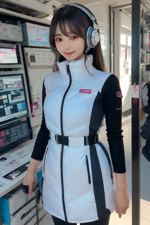 masterpiece, Highest quality, Very detailed, 8K Portrait,Japanese Android Girl,plump , Control panel,Robotic arms and legs, Blunt bangs,,break (Metallic Gray, Metallic luster, Mirror finish, Astro Best):5,headphone:5,break (Black sleeves):100,Smart Watches,Futuristic space station,Control Room,break headphone,blue eyes,(Black Hair):2,(Long Hair):1.3,Displaying the viewer,(respirator),break blush:3,Hidden Hand,smile