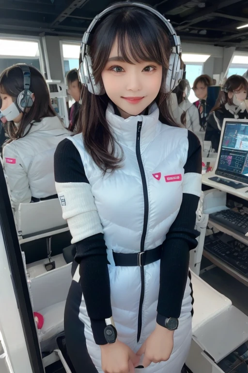masterpiece, Highest quality, Very detailed, 8K Portrait,Japanese Android Girl,plump , Control panel,Robotic arms and legs, Blunt bangs,,break (Metallic Gray, Metallic luster, Mirror finish, Astro Best):5,headphone:5,break (Black sleeves):100,Smart Watches,Futuristic space station,Control Room,break headphone,blue eyes,(Black Hair):2,(Long Hair):1.3,Displaying the viewer,(respirator),break blush:3,Hidden Hand,smile